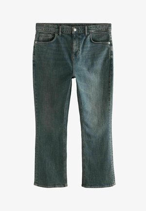 Blugi din denim albastru cu croială dreaptă. Au cinci buzunare, nasture argintiu și nituri, precum și decolorare subtilă pentru textură.