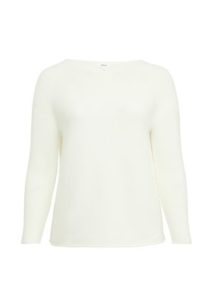 Biały sweter z długim rękawem o prążkowanej strukturze i dekolcie w łódkę. Luźny krój z gładkim wykończeniem i minimalnymi detalami.