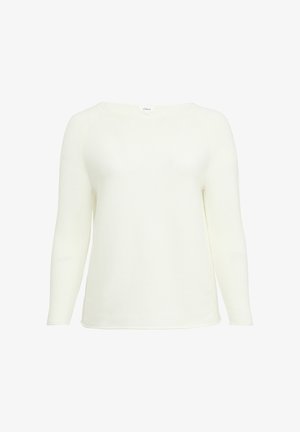 Biały sweter z długim rękawem o prążkowanej strukturze i dekolcie w łódkę. Luźny krój z gładkim wykończeniem i minimalnymi detalami.