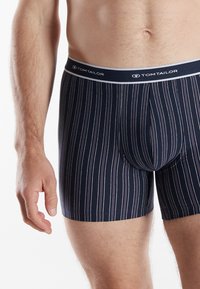 Navy striped boxer briefs with a soft elastic waistband featuring the "TOM TAILOR" logo. Design includes thin multicolored vertical stripes.