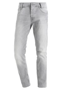 Slim fit světle šedé džíny vyrobené z denimu, s předními kapsami, poutky na pásek, zapínáním na knoflík a jemnými fadingovými detaily.