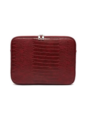 Rectangular dark red laptop sleeve with crocodile texture, rounded corners, and a silver double zipper on top against a white background.