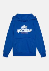 Felpa sportiva Nike blu con tasca frontale, cappuccio con cordino e testo bianco: "nike sportswear" e "ESTABLISHED 1972". Materiale morbido.