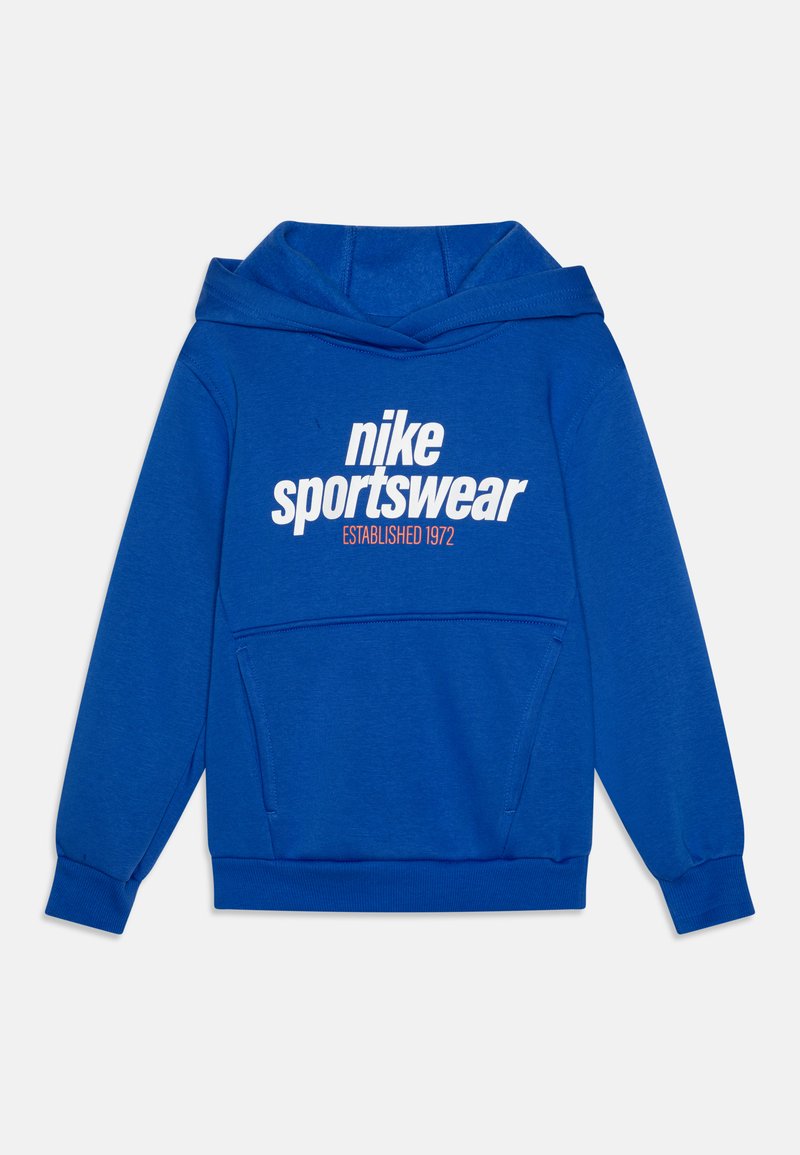 Felpa sportiva Nike blu con tasca frontale, cappuccio con cordino e testo bianco: "nike sportswear" e "ESTABLISHED 1972". Materiale morbido.
