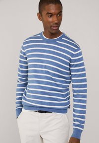 Maglione a righe blu e bianche con maniche lunghe, colletto e polsini a coste, realizzato in morbido tessuto. Indossato sopra una maglietta bianca.