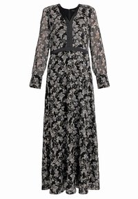 Długa czarna sukienka z przezroczystego materiału, ozdobiona kwiatowymi wzorami w odcieniach szarości i bieli. Długie rękawy oraz dopasowany gorset z dekoltem w kształcie litery V.