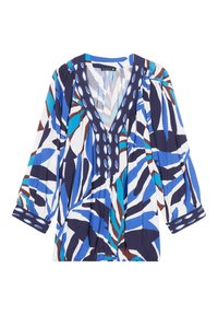 Leichtes, mehrfarbiges Blusenshirt mit tiefem V-Ausschnitt, langen Ärmeln und einem auffälligen botanischen Druck in Blau, Marineblau und Weiß.