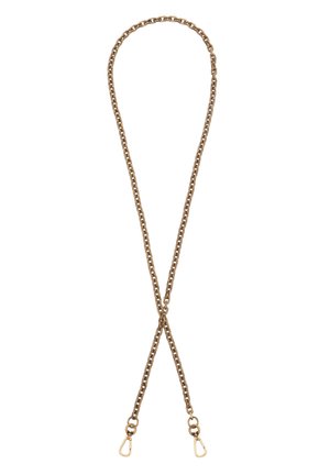 Złoty łańcuszek z dużymi ogniwami i dwoma zapięciami karabińczykowymi na każdym końcu, służący do przypinania do torby lub akcesorium.