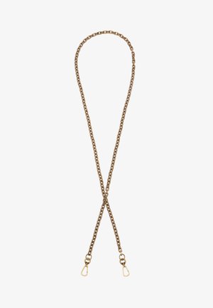 Goldfarbener Kettenriemen mit großen Gliedern und zwei Karabinerverschlüssen an jedem Ende zum Befestigen an einer Tasche oder einem Accessoire.