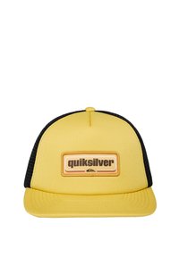 Žltá a čierna trucker čiapka s ohnutým brímom a predným nášivkom s logom "quiksilver" v hnedom písme.