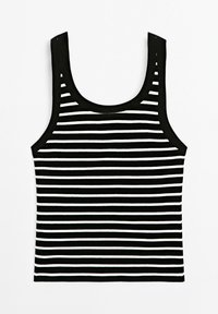 Zwart-wit gestreepte tanktop met een ronde halslijn, afgebeeld op een witte achtergrond. De stof lijkt geribbeld en nauwsluitend.