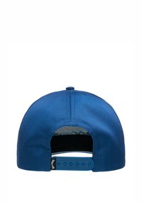 Blaues Baseballcap mit rundem Oberteil, verstellbarem Snapback-Verschluss und Stofftextur. Das Innere hat ein bedrucktes Muster.