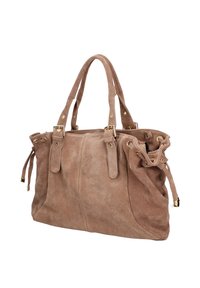Borsa in suede marrone con doppie cinghie e accessori in tonalità oro. Presenta un design arricciato su un lato e una chiusura a coulisse su un lato.