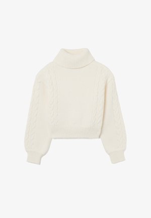 Gekürzter Rollkragenpullover aus cremefarbigem Strick mit Kabelmustern an den Ärmeln, gerippten Bündchen und Saum, weicher Textur und hohem Kragen-Design.