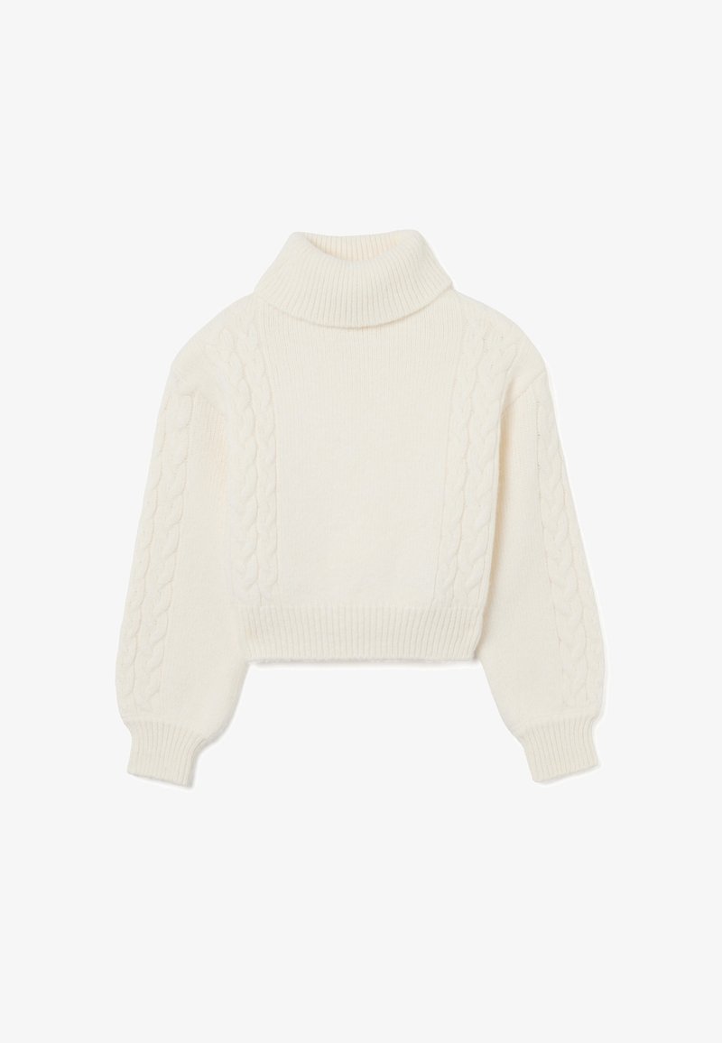 Gekapte coltrui in crèmekleurige gebreide stof met cablepatronen op de mouwen, geribbelde manchetten en zoom, zachte textuur en hoog ontwerp van de hals.