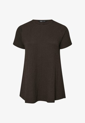 Haut féminin à manches courtes, coupe ample, de couleur marron foncé texturé, avec un col rond et un léger évasement à l'ourlet.