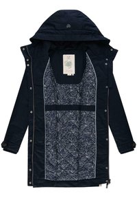 Veste imperméable bleu marine avec capuche détachable, dotée d'une doublure à motif floral et de fermetures à boutons-pression. Extérieur doux et texturé.