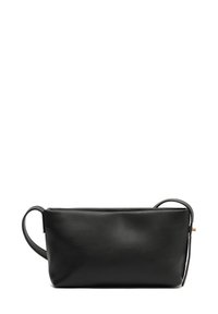 Black leather handbag with a rectangular shape, minimal design, and a single handle. Features smooth texture and gold hardware accents.