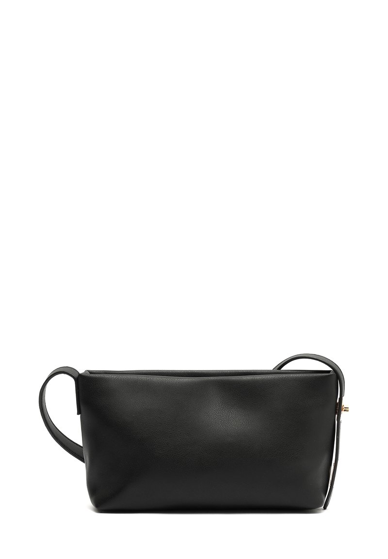 Black leather handbag with a rectangular shape, minimal design, and a single handle. Features smooth texture and gold hardware accents.