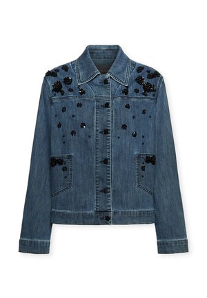 Spijkerjack van donkerblauw denim met zwarte bloemmotief pailletten op de schouders, knoopsluiting en twee zakken aan de voorkant.