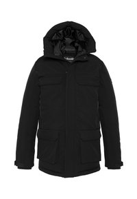 Chaqueta parka negra con capucha, que cuenta con cuatro bolsillos frontales, cierre de cremallera y textura suave. El interior está forrado con tela negra.
