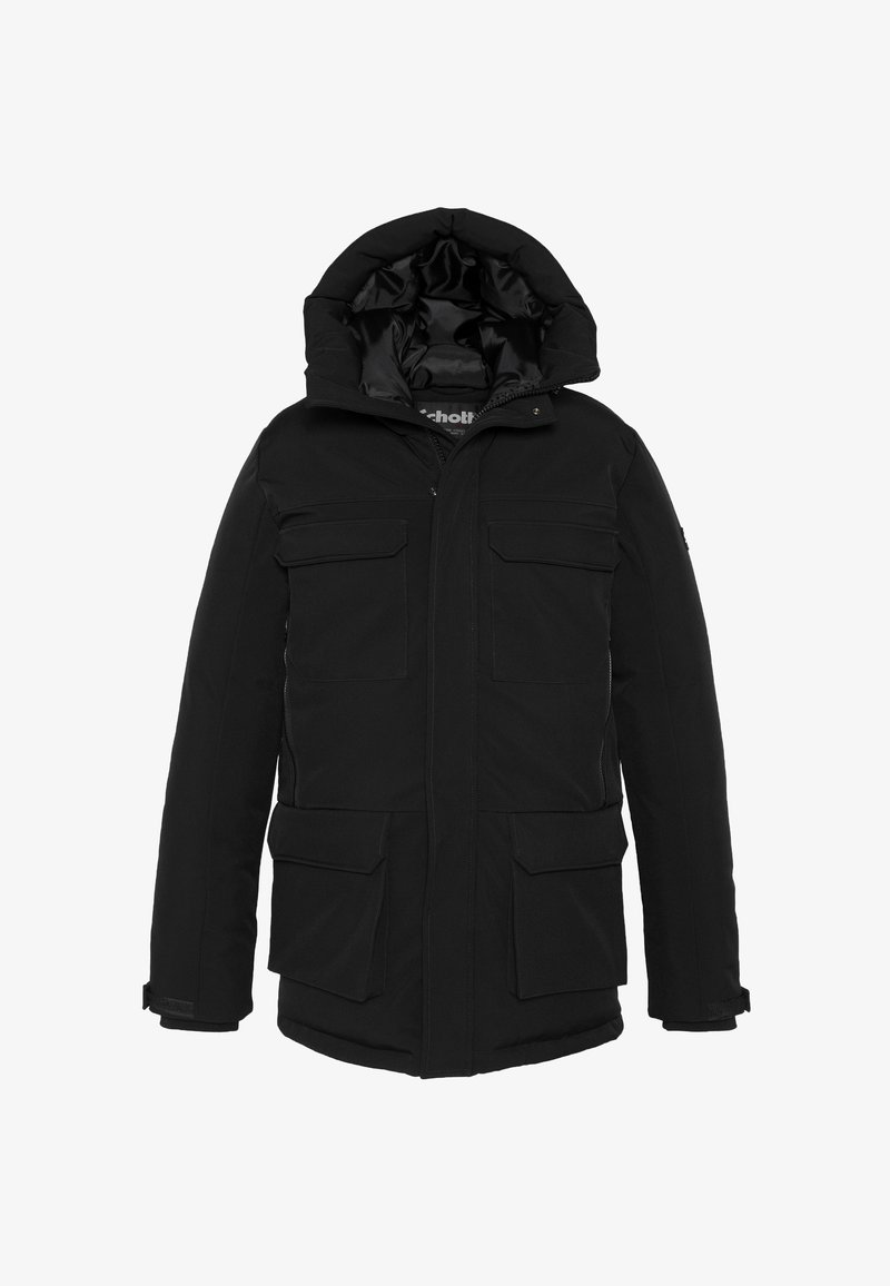 Chaqueta parka negra con capucha, que cuenta con cuatro bolsillos frontales, cierre de cremallera y textura suave. El interior está forrado con tela negra.