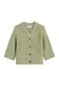 Grüner, flauschiger Cardigan mit rundem Halsausschnitt, drei Viertelärmeln, fünf dunklen Knöpfen auf der Vorderseite und einer strukturierten Oberfläche.