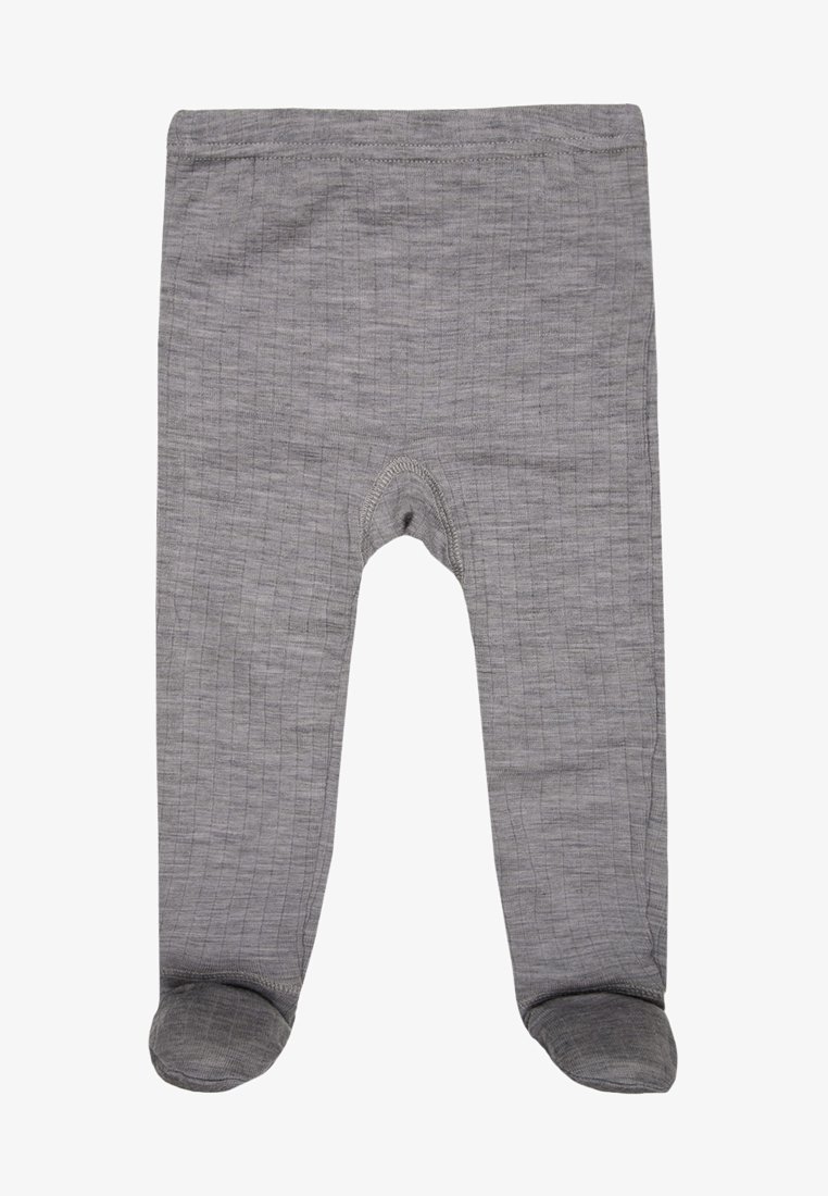 Meias para bebés em cinza com um padrão texturizado, tecido suave, design com pés e cintura elástica para um ajuste seguro. Adequadas para climas mais frios.