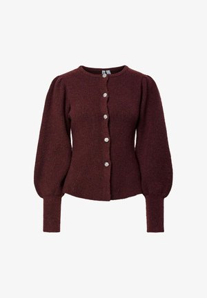 Bordowy sweterek o luźnym splotcie z bufkami, okrągłym dekoltem i pięcioma ozdobnymi guzikami z przodu. Tekstura ściągacza i dopasowane mankiety.