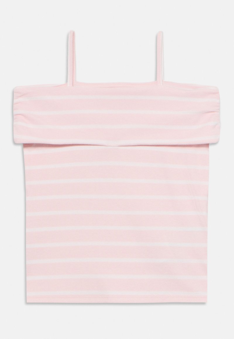 Haut rose clair à épaules dénudées avec de fines bretelles, présentant des rayures horizontales blanches. Fabriqué en tissu doux, de forme rectangulaire et sans coutures.
