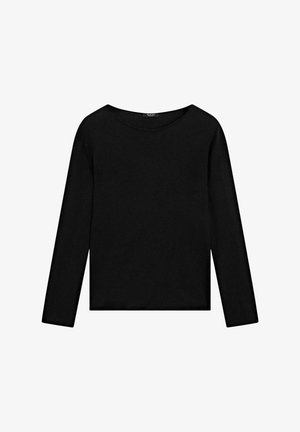 Zwarte lange-mouwen top met een bootnek ontwerp, gemaakt van een zachte stof met een gladde textuur en een rechte zoom.