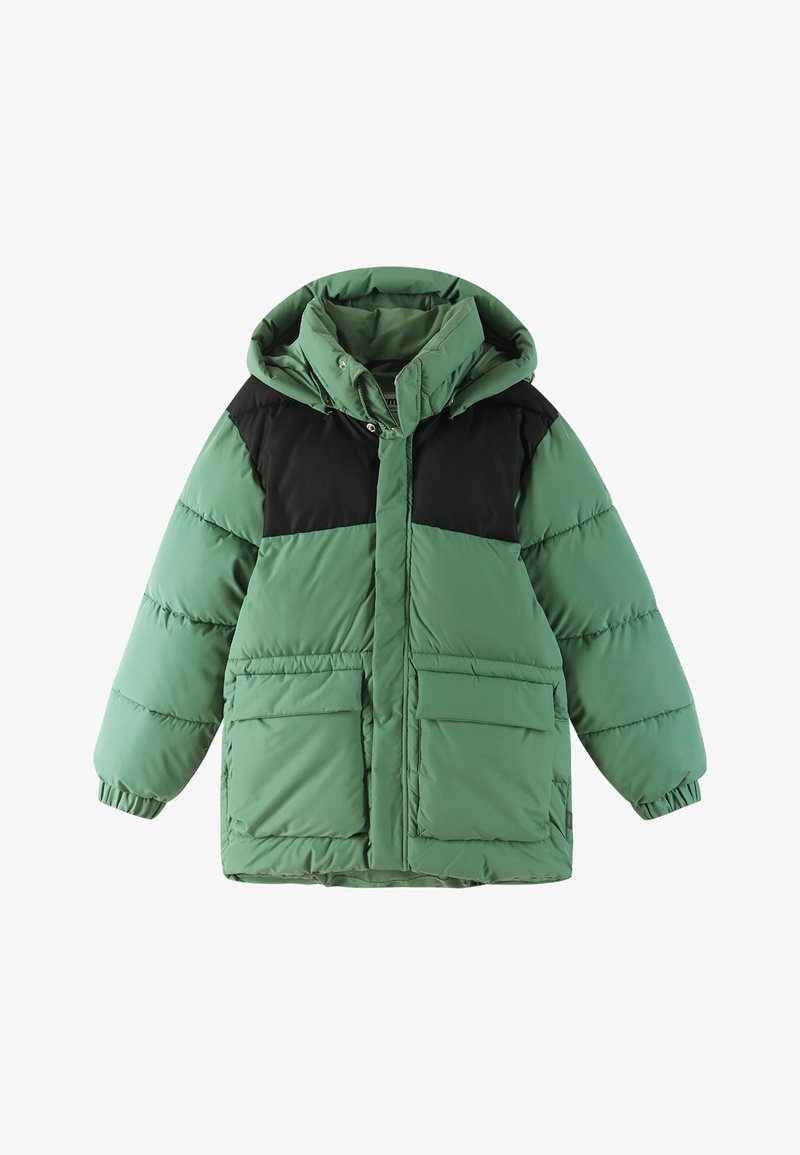 Puffer jacket featuring a bright green body with a black upper section, large front pockets, and a hood. Made from padded, lightweight material.