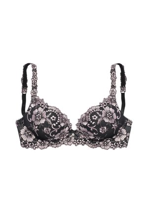 Black bra with pink floral lace embroidery on cups, straps, and band, featuring adjustable shoulder straps and underwire support.