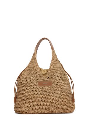 Pruun punutud õlkkott volüümika kujuga, nahast detailide ja nöörkinnisega. Esiküljel on logoplaat.