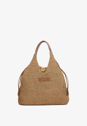 Pruun punutud õlkkott volüümika kujuga, nahast detailide ja nöörkinnisega. Esiküljel on logoplaat.