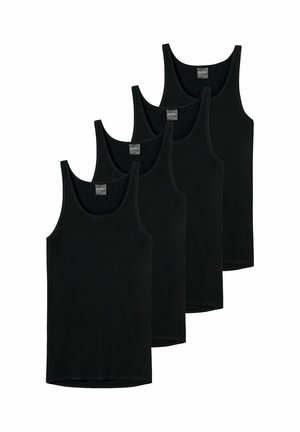 Vier schwarze ärmellose Tanktops mit rundem Ausschnitt, gestaffelt auf einem weißen Hintergrund angeordnet.