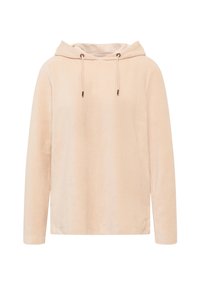 Haut à capuche en velours côtelé beige à manches longues avec cordons de serrage, coupe décontractée et tissu légèrement texturé.