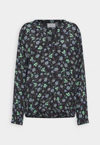 Blusa preta de manga longa com um padrão floral em tons de verde e azul, com um design de decote em V e bainha ligeiramente franzida.