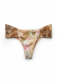 Spodní díl plavek s květinovým a botanickým potiskem v odstínech růžové a zelené. Elastický pas se vyznačuje hnědým leopardím vzorem.