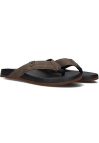 Brown suede flip-flops with perforated straps, black rubber footbed, and brown rubber outsole. Notable hardware button accent on the strap.