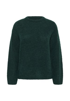 Tamsiai žalia, ilgos rankovės megzta suknelė su apvaliu kaklu ir šiek tiek tekstūruota medžiaga.
