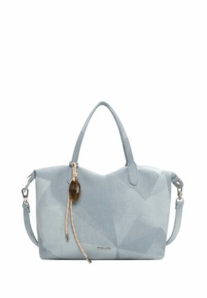 Hellblaue strukturierte Handtasche mit Doppelgriffen, abnehmbarem Schulterriemen und dekorativem braunem ovalem Anhänger an beigem Kordel.