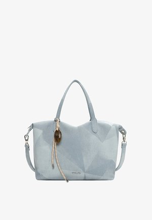 Bolso texturizado azul claro con asas dobles, correa de hombro desmontable y adorno ovalado marrón decorativo en cordón beige.