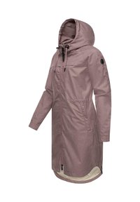 Light pink waterproof coat with a hood, drawstring, side pockets, and zip closure. Features a textured fabric and a longer back hem.