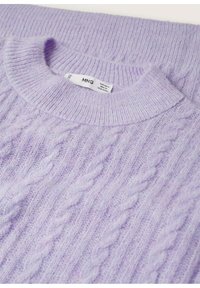 Lilac cable-knit sweater with ribbed crew neckline and visible clothing label inside collar.