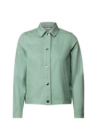 Lichtgroene denimjack met een kraag, sluiting met knopen aan de voorkant, twee zijzakken en lange mouwen. Gladde textuur met minimale details.