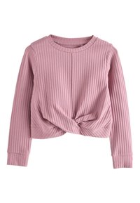 Haut rose à manches longues côtelé avec un détail torsadé à l'avant et un col rond. Tissu doux avec une finition texturée.