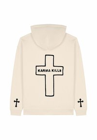 Hoodie crema con una grande grafica a croce nera e il testo "KARMA KILLS" sul retro, e croci più piccole su ciascun manica. Tessuto morbido e strutturato.