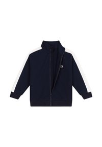 Marineblaue Zip-Jacke mit hohem Kragen, weißen Seitenstreifen, gerippten Bündchen und einem kleinen Logo auf der Brust. Weicher Stoff.