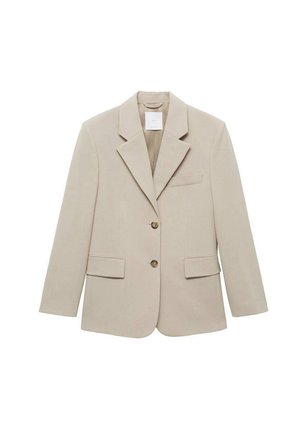 Beige Blazer aus einem glatten Stoff. Mit aufgesetztem Revers, zwei Taschen vorne und zwei Knöpfen. Klare Linien und strukturierter Design.
